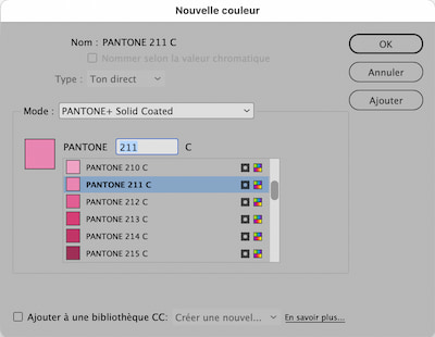 Capture écran de la zone d'ajout d'une couleur Pantone dans Adobe InDesign : la référence 2116 n'existe pas