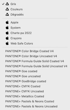Capture écran de la liste des bibliothèques Pantone – en version 4 – dans les logiciels Affinity Serif