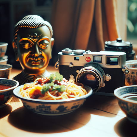 Une nature morte avec un bouddha, un bol de nouilles et un appareil photo Leica dans les complémentaires entre le Mocha Mousse et les bleus