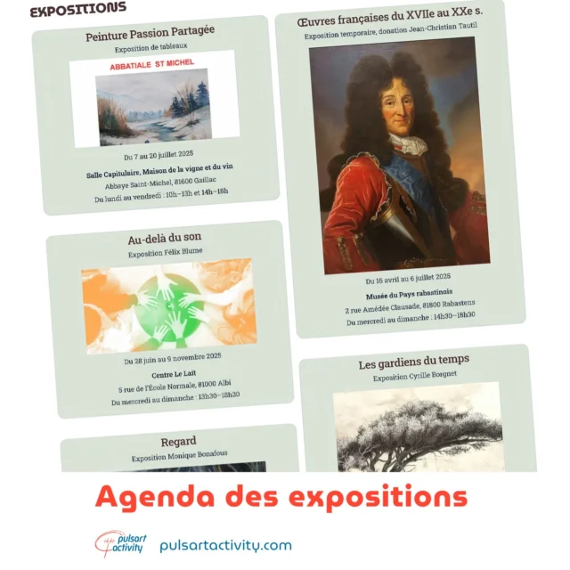 ✨ Mise à jour !
L’agenda des expositions s’étoffe avec de nouvelles dates jusqu’à l’été 2025…

Vous êtes passionné(e) d’art ou simplement curieux(se) de découvrir des événements culturels près de chez vous ? 

Vous trouverez un grand nombre d'expositions du Tarn Nord.

📅 Des rendez-vous à ne pas manquer, que vous soyez amateur de photographie ou de peinture.

👉 https://pulsartactivity.com/agenda-evenements-tarn-nord/

#agendaexpositions #culturelocale #artdansletarn #pulsartactivity #albi #tarn